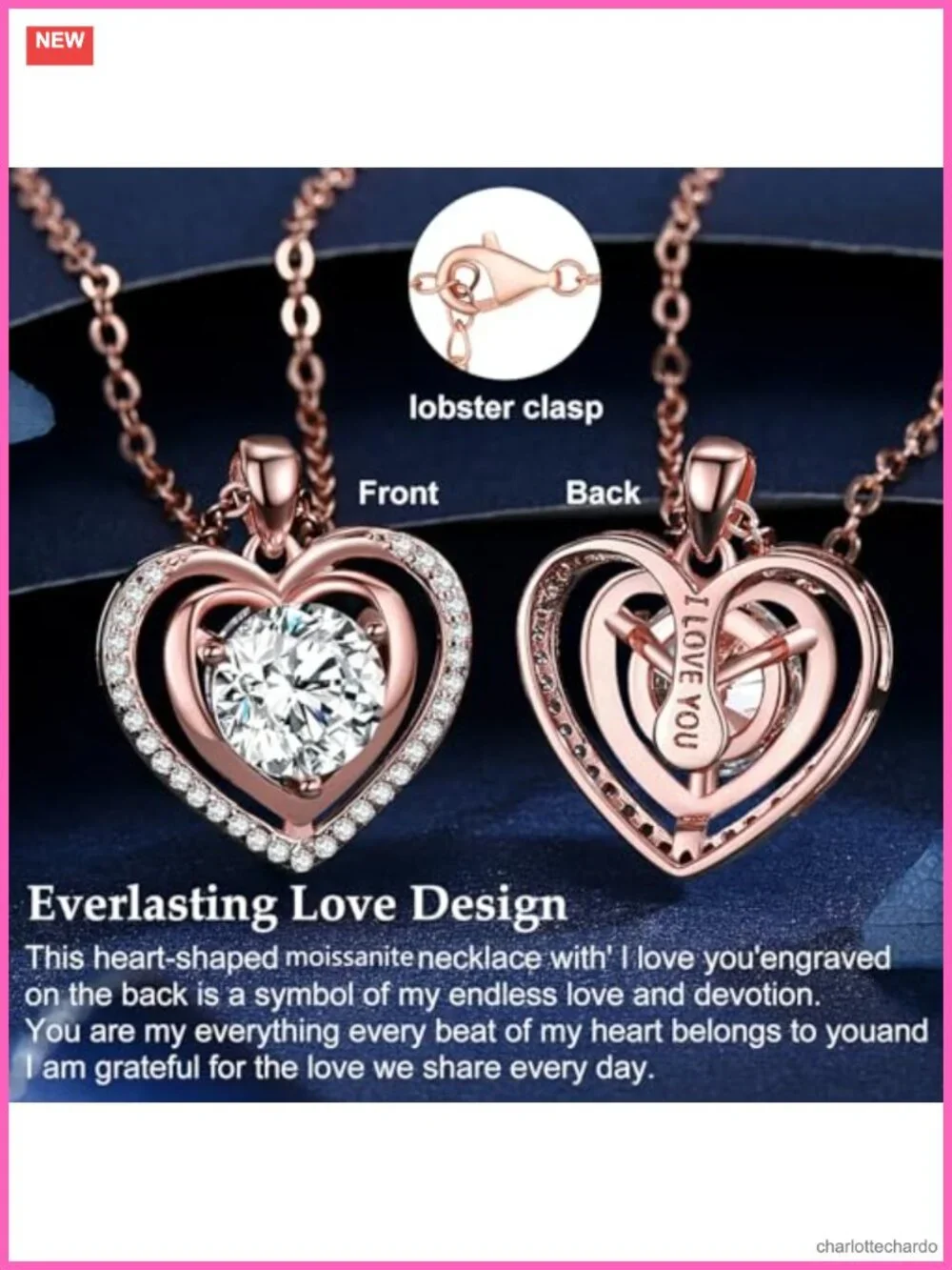 Heart Pendant Necklace for Women 18K Platinum Over 925 Silver Moissanite